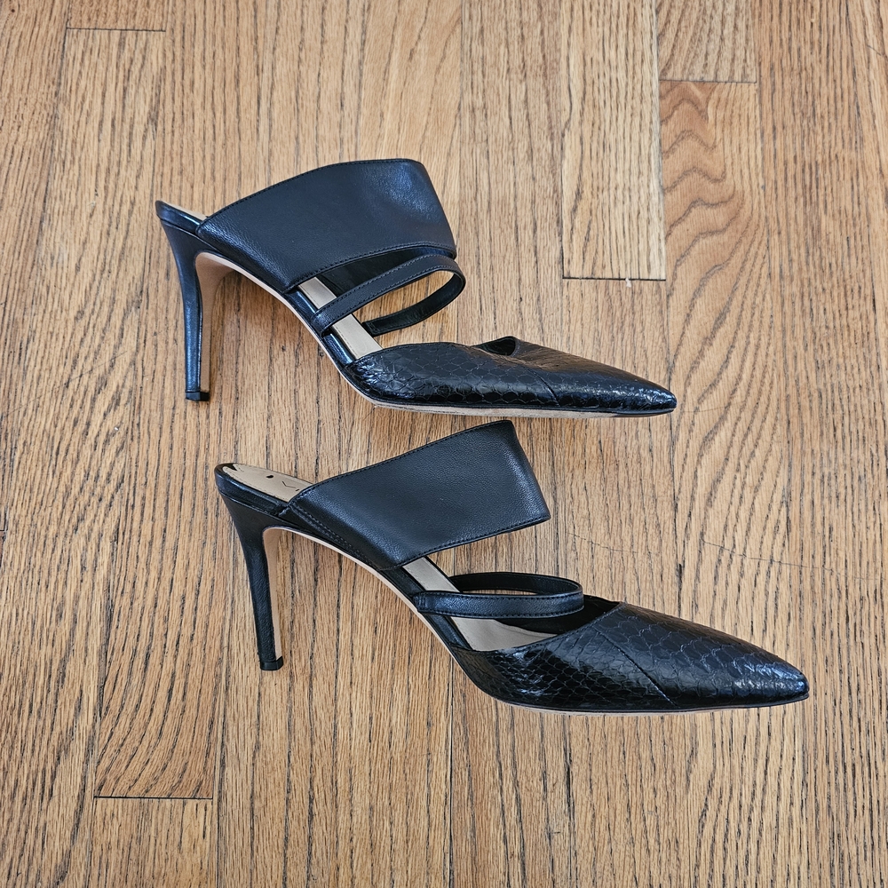 Via Spiga Black Leather Snake Mules Heels Size 10 - Picture 3 of 8